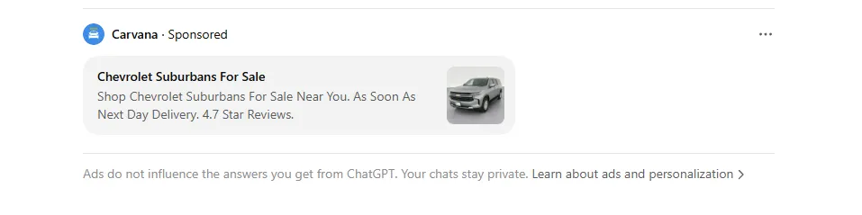 ChatGPT sponsored ad from Carvana showing Chevrolet Suburbans for sale with product image