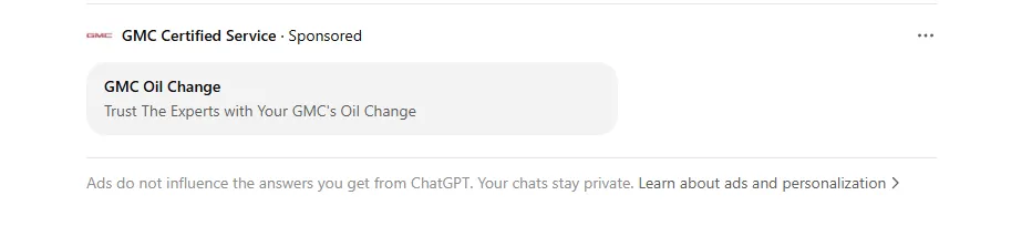 ChatGPT sponsored ad from GMC Certified Service promoting oil change services