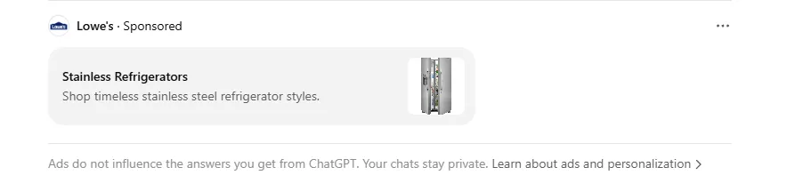 ChatGPT sponsored ad from Lowe's promoting stainless steel refrigerators with product image
