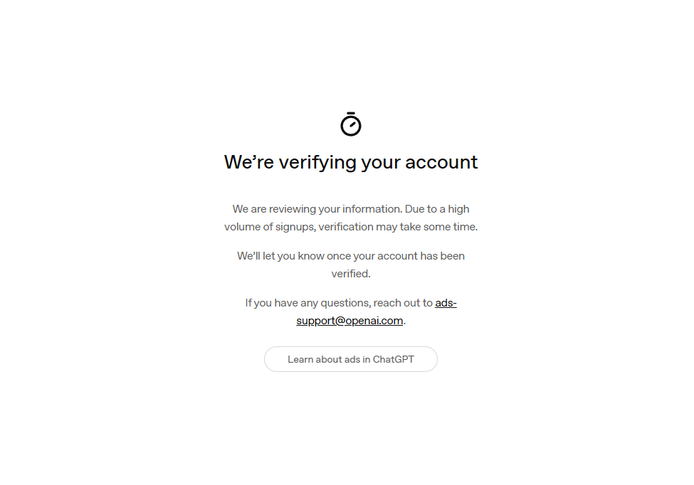 OpenAI Ads verification screen reading 'We're verifying your account' after submitting a ChatGPT ads application