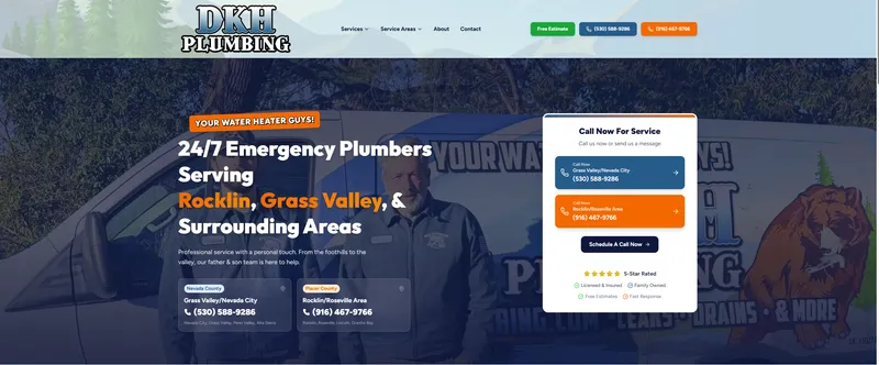 DKH Plumbing website built by PipelineOS - 24/7 emergency plumber hero with dual service area phone numbers and call-to-action