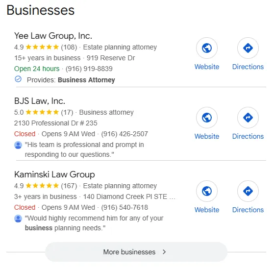 BJS Law Inc ranking in Google Maps pack for business attorney with 5.0 stars