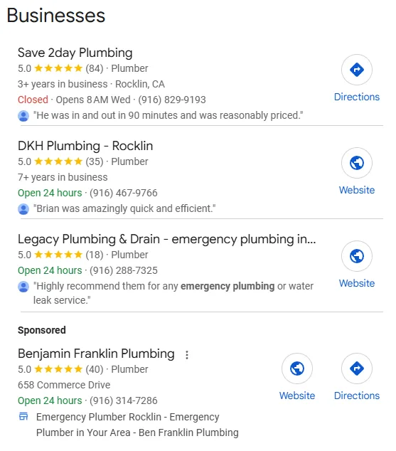 DKH Plumbing ranking in Google Maps pack for Rocklin plumbers with 5.0 stars