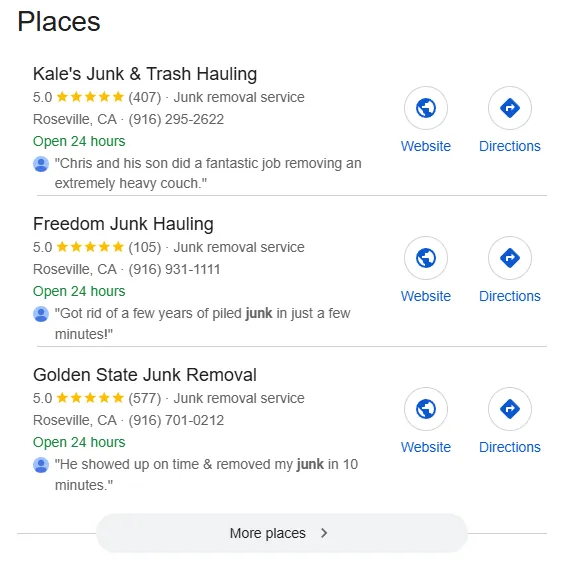 Kale's Junk and Trash Hauling ranking number one in Google Maps pack with 5.0 stars and 407 reviews