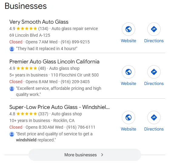 Very Smooth Auto Glass appearing in Google Maps pack with 4.9 stars and 134 reviews