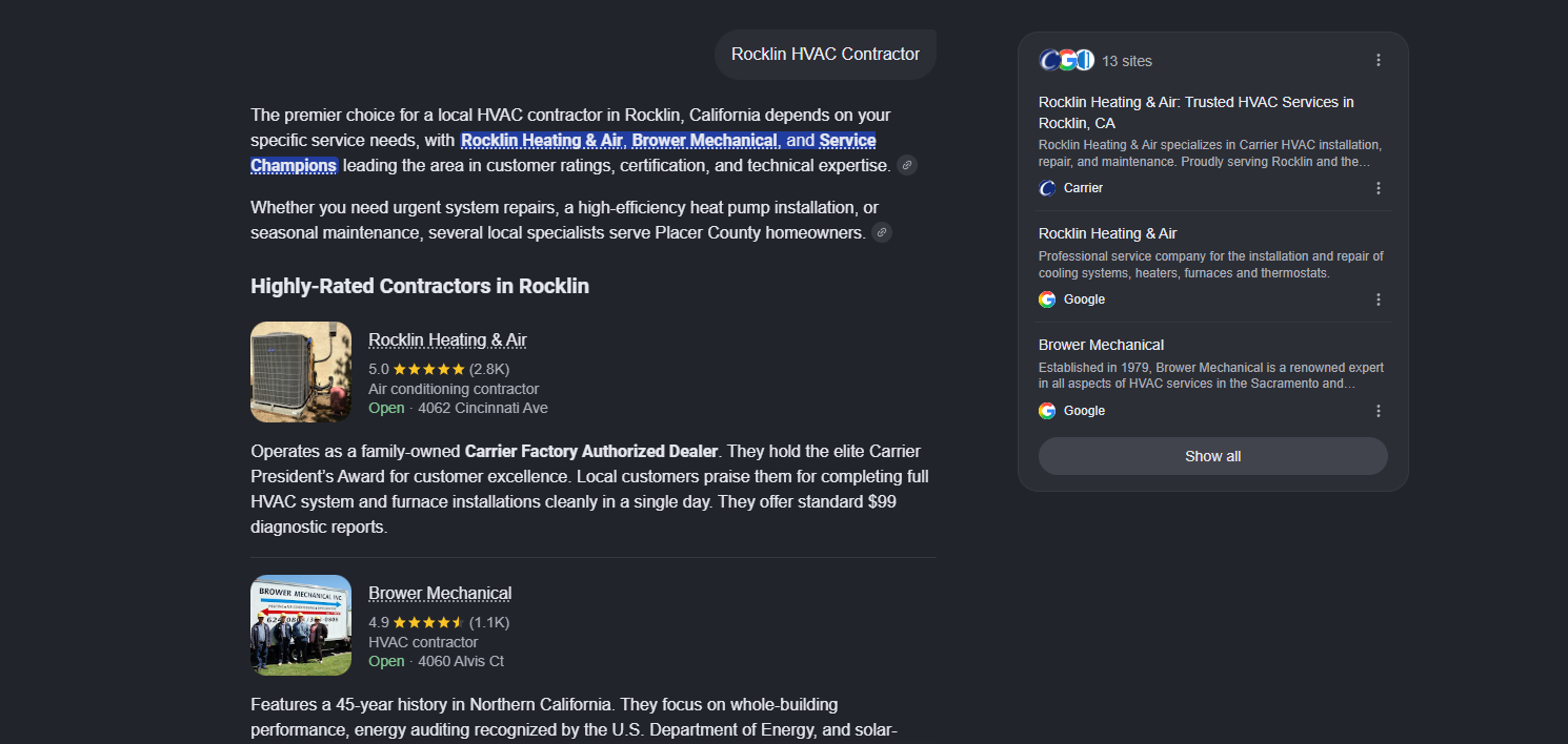 Google AI Mode answer for the query Rocklin HVAC Contractor naming Rocklin Heating and Air, Brower Mechanical, and Service Champions as the leading local contractors, with cited source sites in the right rail.