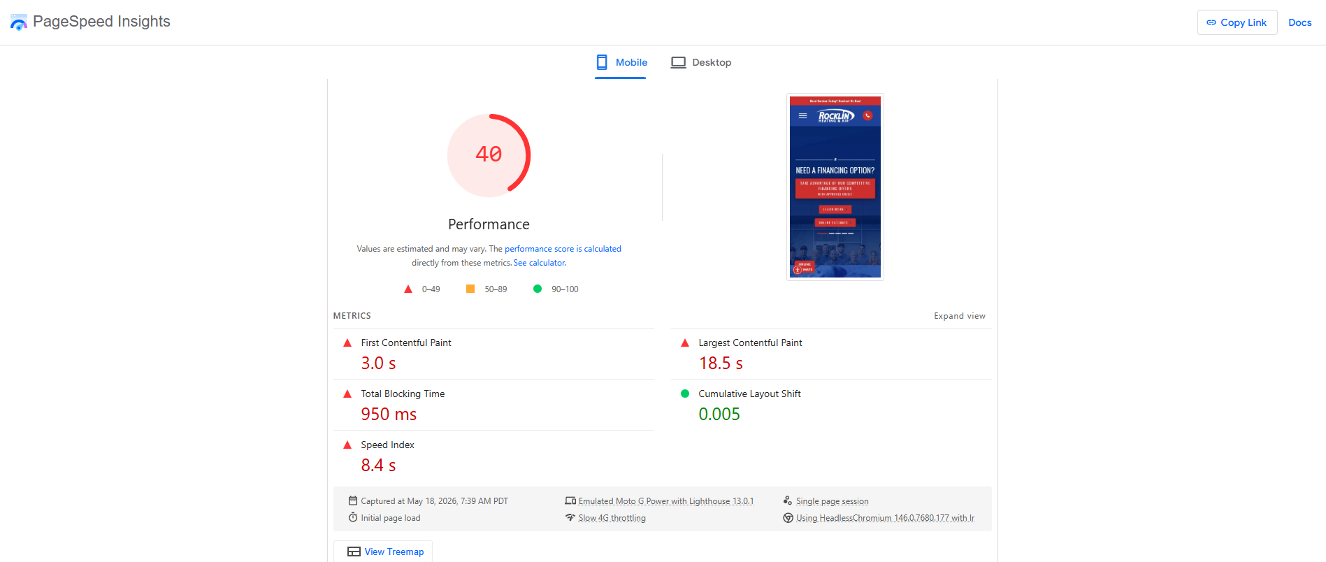 Google PageSpeed Insights mobile result for a top-ranked Rocklin HVAC contractor website showing a performance score of 40 out of 100, with Largest Contentful Paint at 18.5 seconds, First Contentful Paint at 3.0 seconds, and Total Blocking Time of 950 milliseconds.