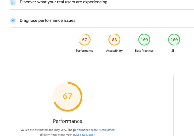 Google PageSpeed score of 67 before PipelineOS optimization